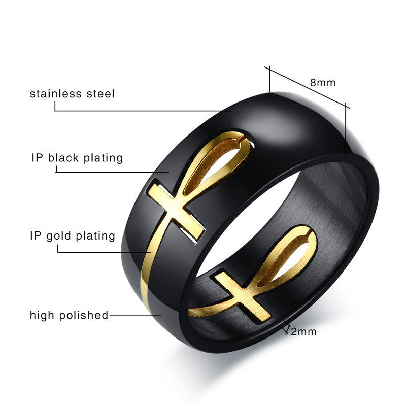 Ankh Egyptian Cross Ring – Black & Gold Stainless Steel – view 5