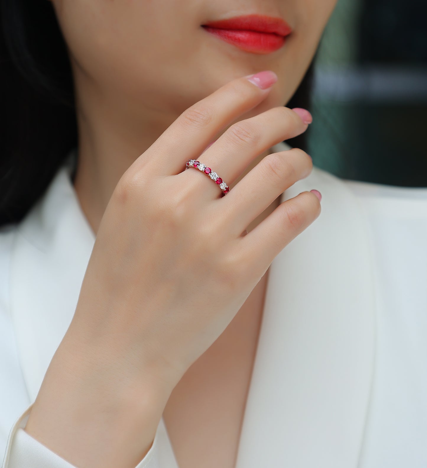 Synthetic Ruby Eternity Band Ring – S925 Platinum Plated – view 8