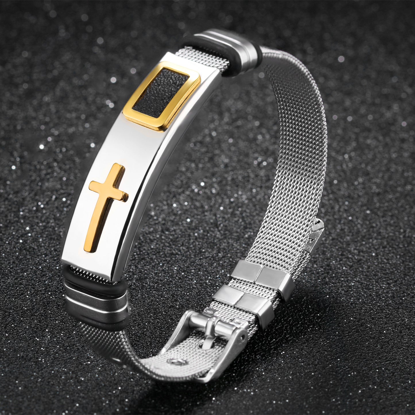 Gold Cross Mesh Bracelet – Titanium Steel – view 6