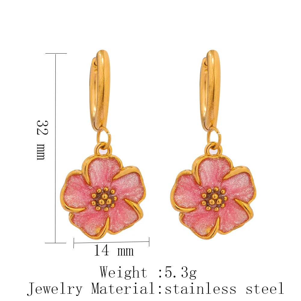 Stainless Steel Multi-colored Dripping Oil Flower Pendant Necklace Earrings – view 10