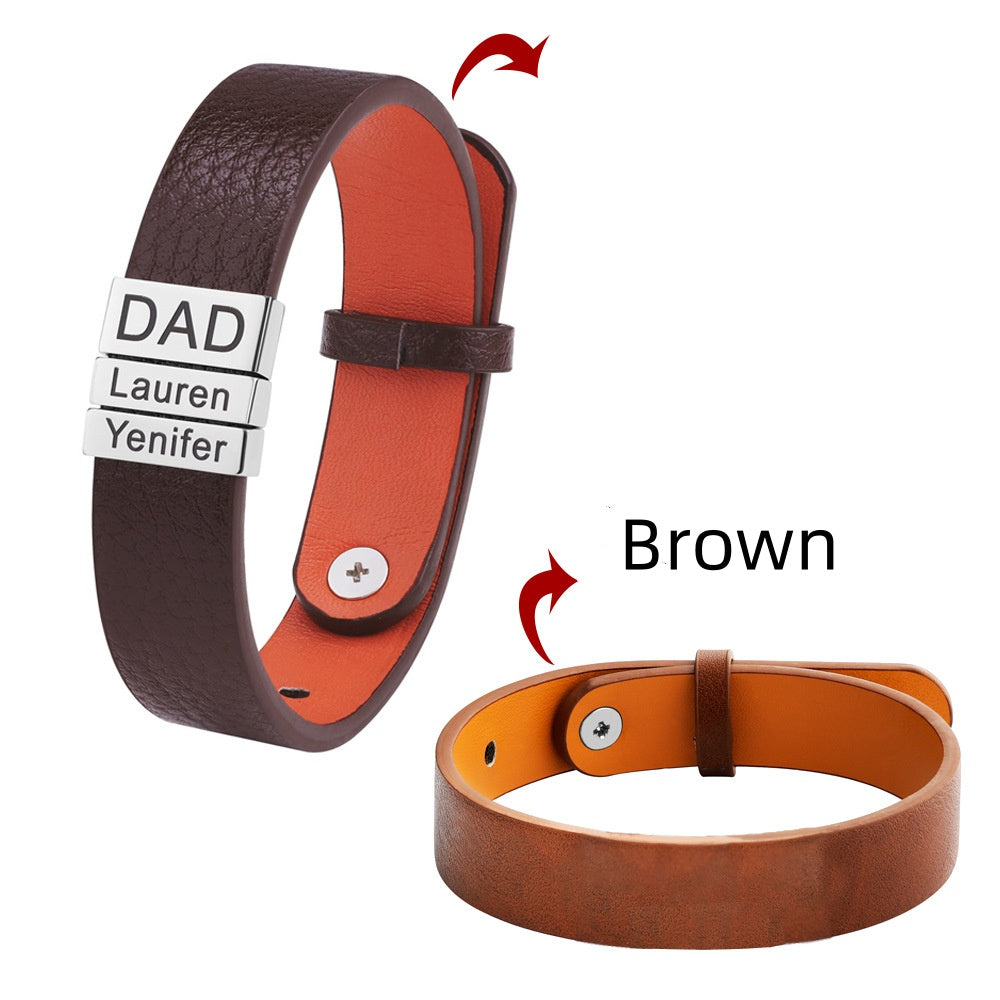 Simple Leather Stainless Steel Engraved Bracelet – view 2