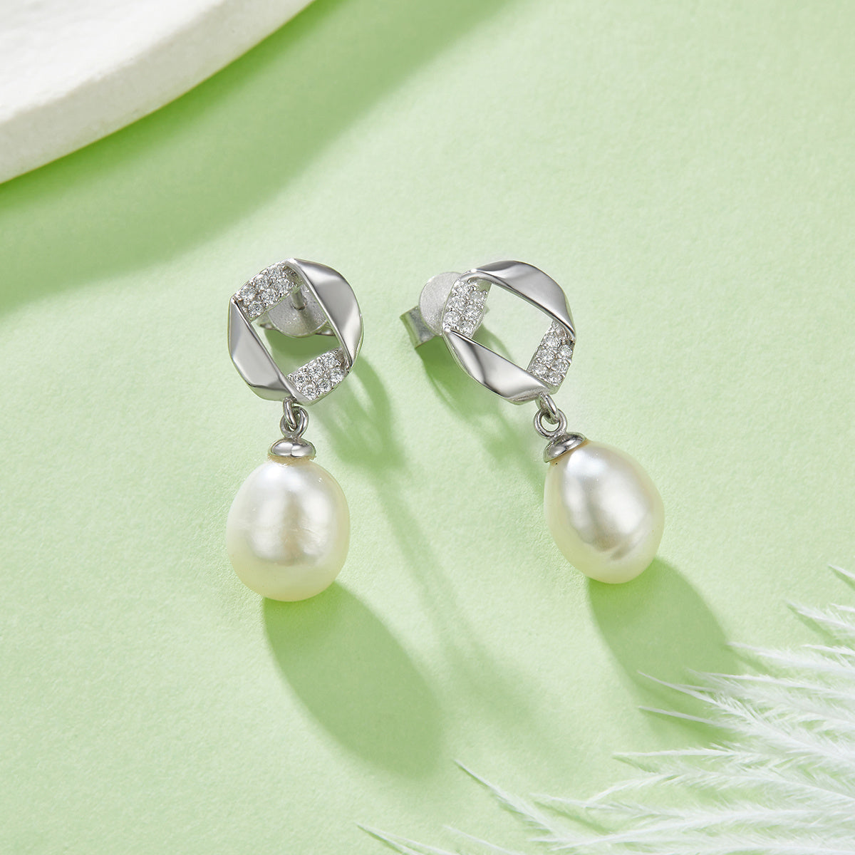 Freshwater Pearl Pave Dangle Earrings – S925 Platinum Plated – view 2