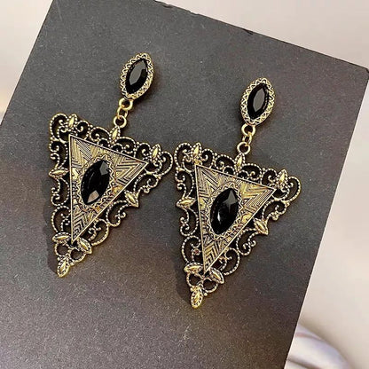 French Retro Black Rhinestone Triangle Dangle Earrings – view 4