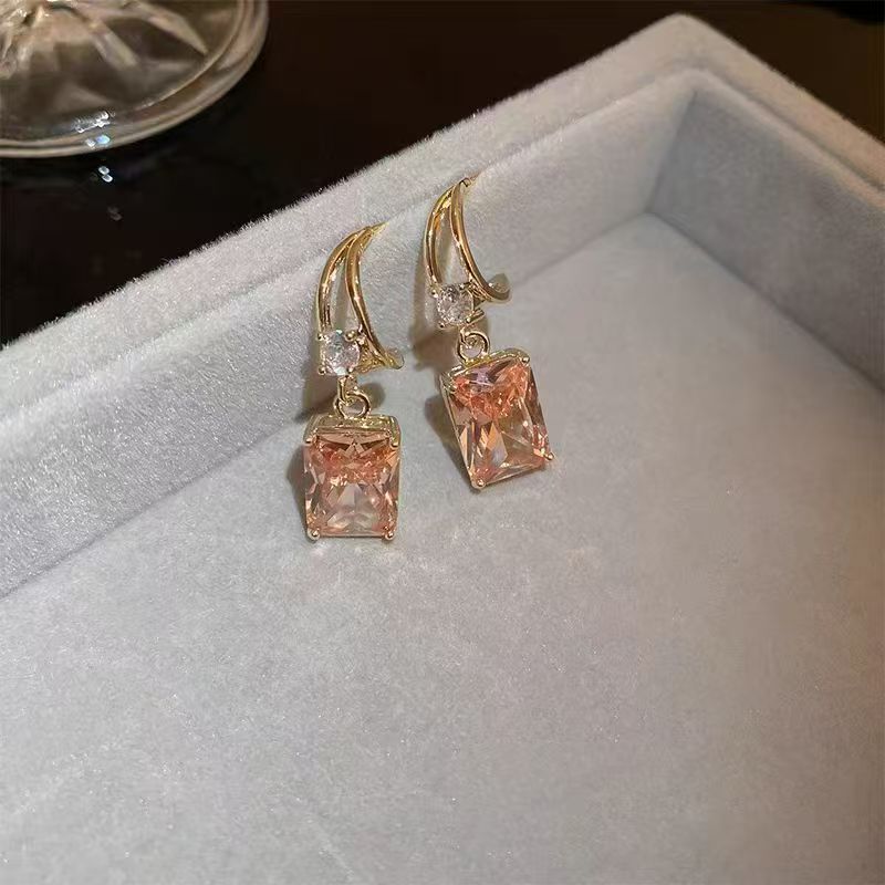 Peach Rhinestone Dangle Earrings – Twisted Gold Hook – view 2