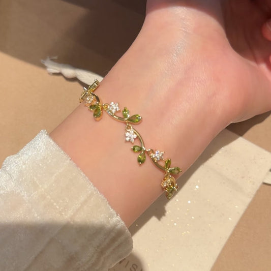 Summer Retro Olive Green Rhinestone Branch And Leaf Bracelet