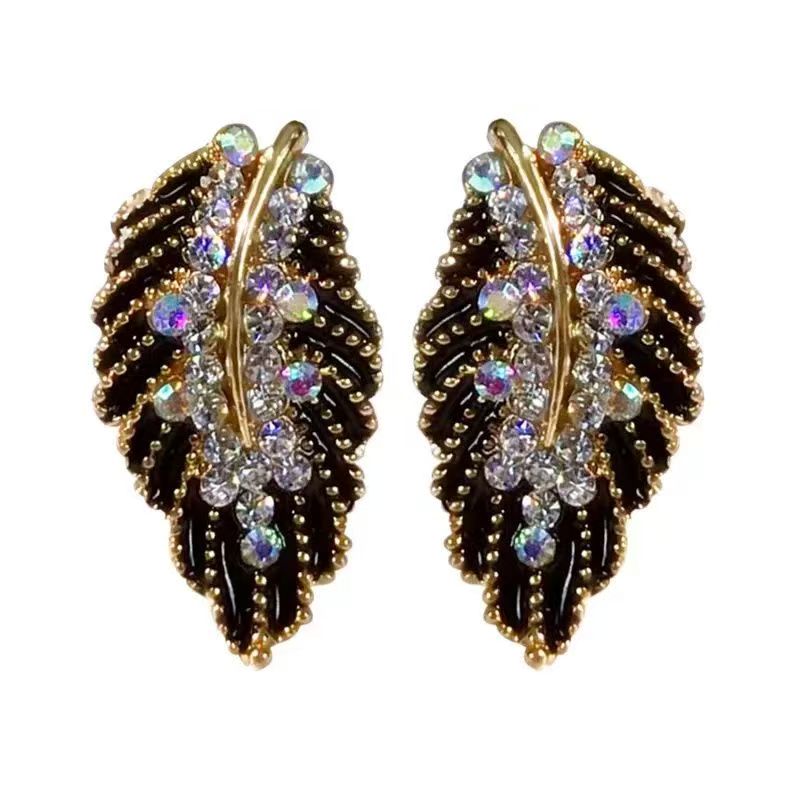 Black Leaf Zircon Inlay Earrings – Retro Geometric – view 7