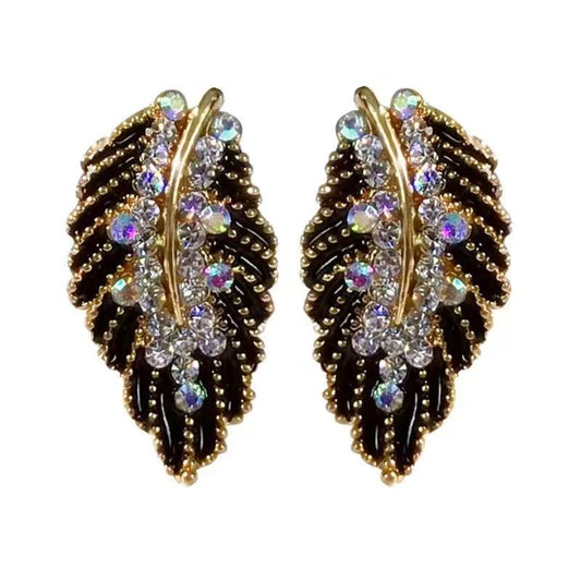 Black Leaf Zircon Inlay Earrings – Retro Geometric – view 7