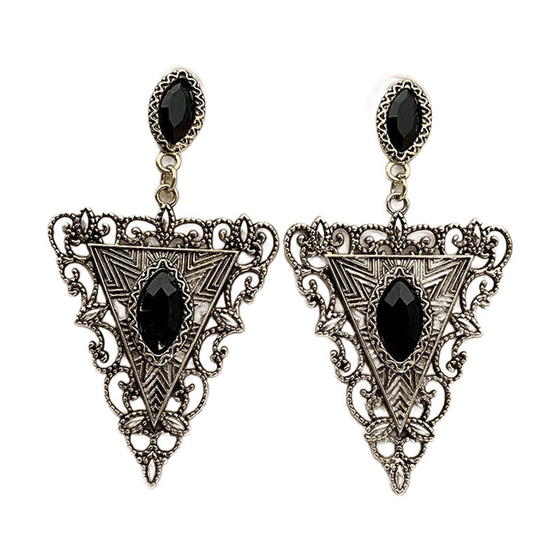 French Retro Black Rhinestone Triangle Dangle Earrings