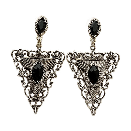 French Retro Black Rhinestone Triangle Dangle Earrings