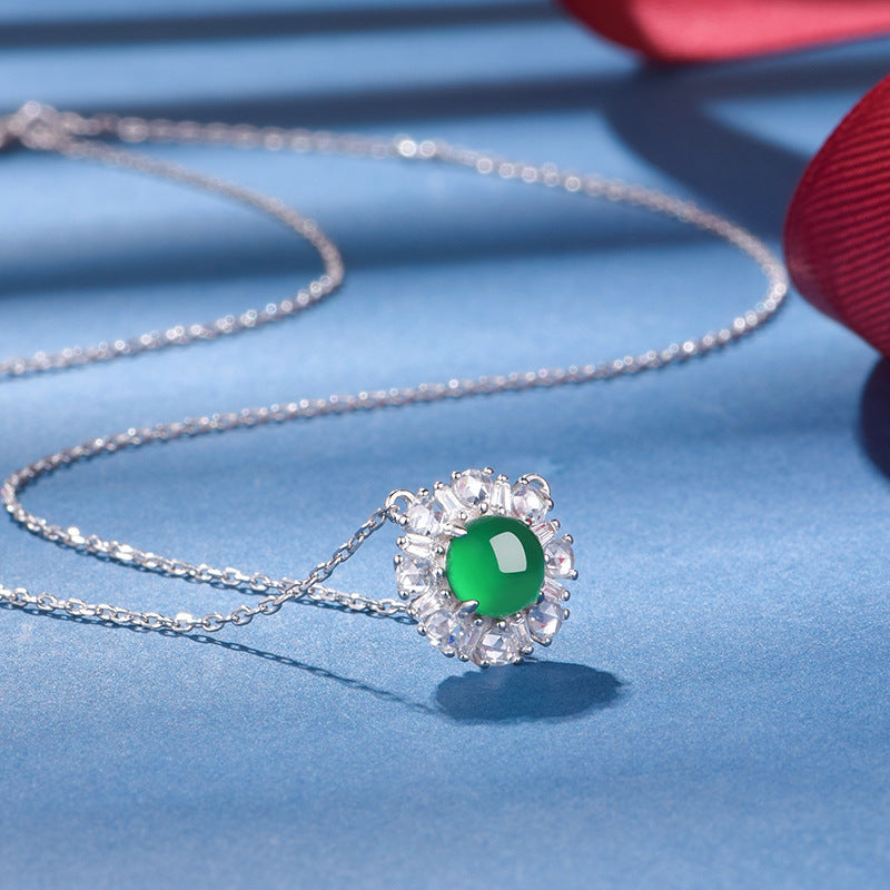 Green Chrysoprase Daisy Pendant Necklace – S925 Platinum Plated – view 2
