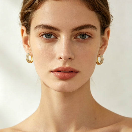 Geometric Wide Hoop Earrings – Gold Plated, Zircon Inlay