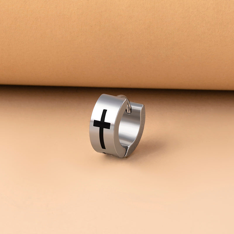 Black Silver Stainless Steel Cross Stud Earrings For Men – view 3