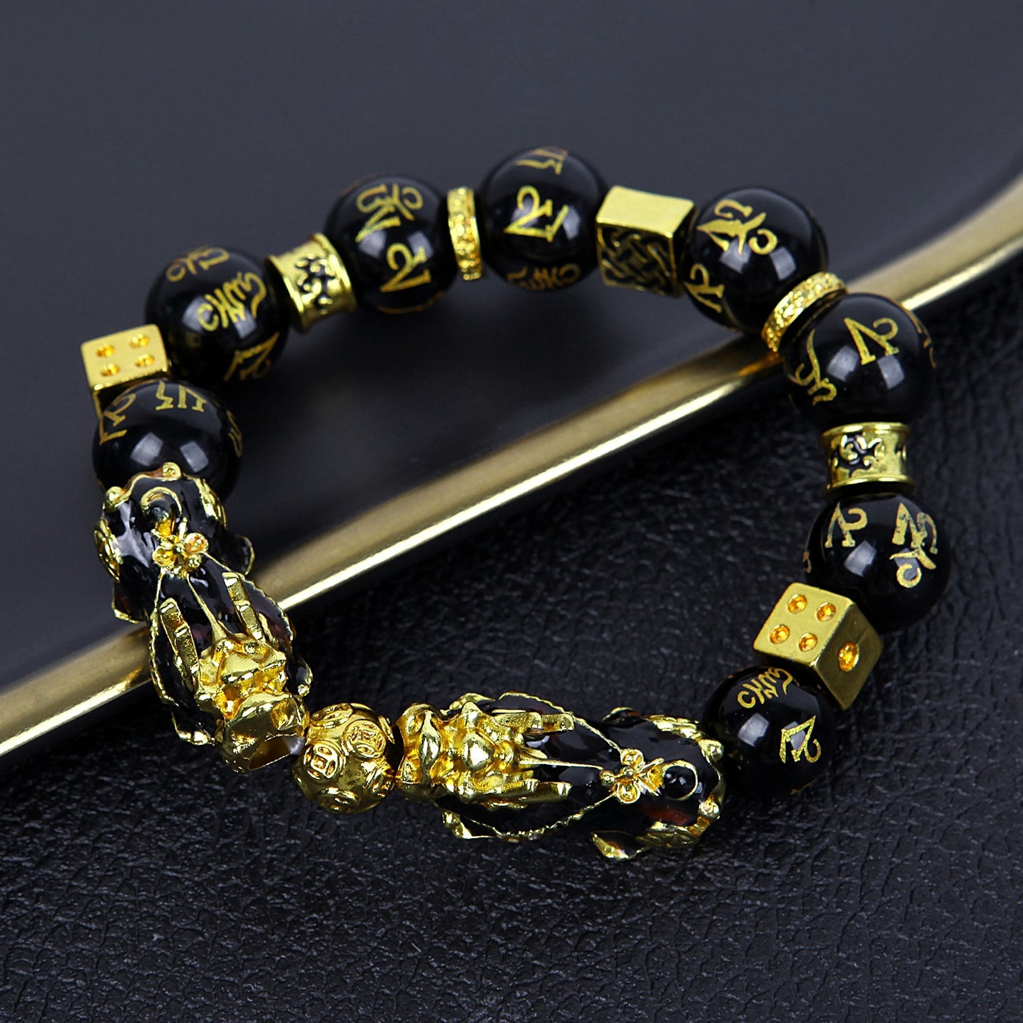 Men Lucky Black Pixiu Gold Obsidian Bracelet – view 4