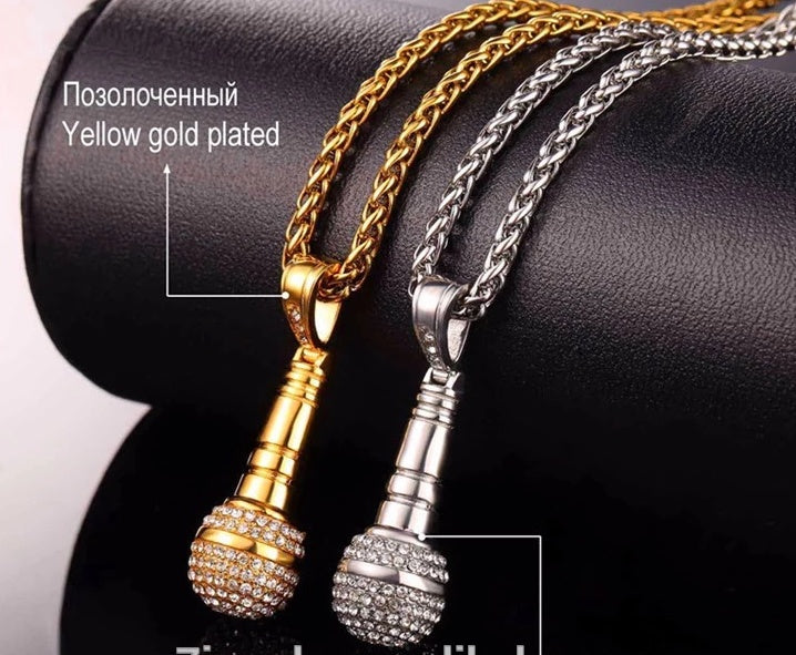 Microphone Pendant Iced Out Necklace – 18K Gold Plated Steel – view 2