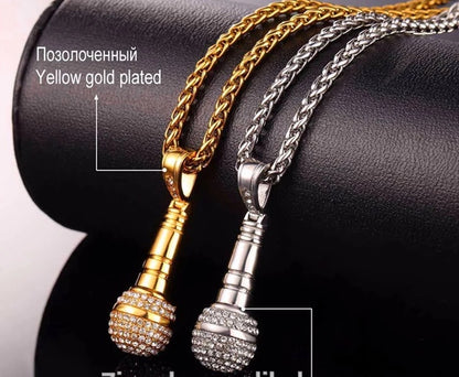 Microphone Pendant Iced Out Necklace – 18K Gold Plated Steel – view 2