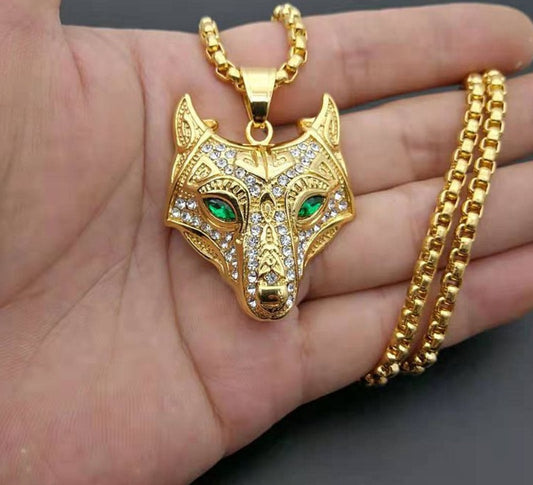 Viking Wolf Head Pendant Necklace – Gold Stainless Steel