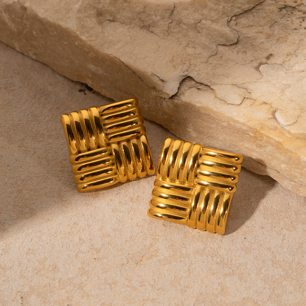 Fashion 18K Gold Stainless Steel Square Texture Stud Earrings – view 4