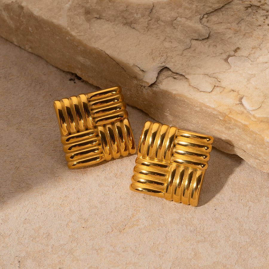 18K Gold Stainless Steel Square Texture Stud Earrings – view 4