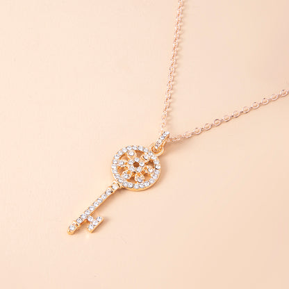 Gold Color Iced Out Crystal Key Pendant Necklace
