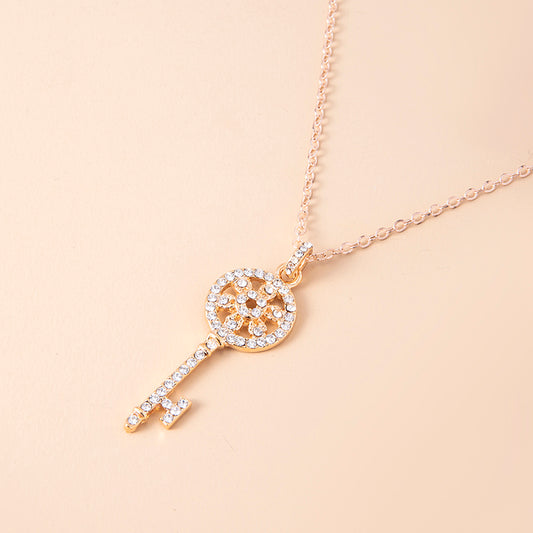 Gold Color Iced Out Crystal Key Pendant Necklace For Women
