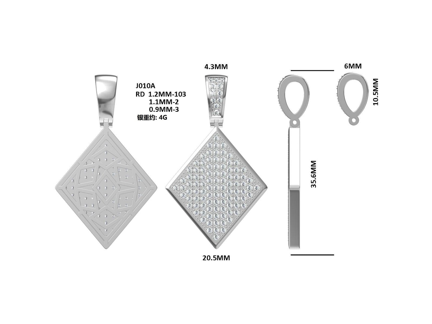 Moissanite Pave Diamond-Shape Pendant – S925 (No Chain) – view 6