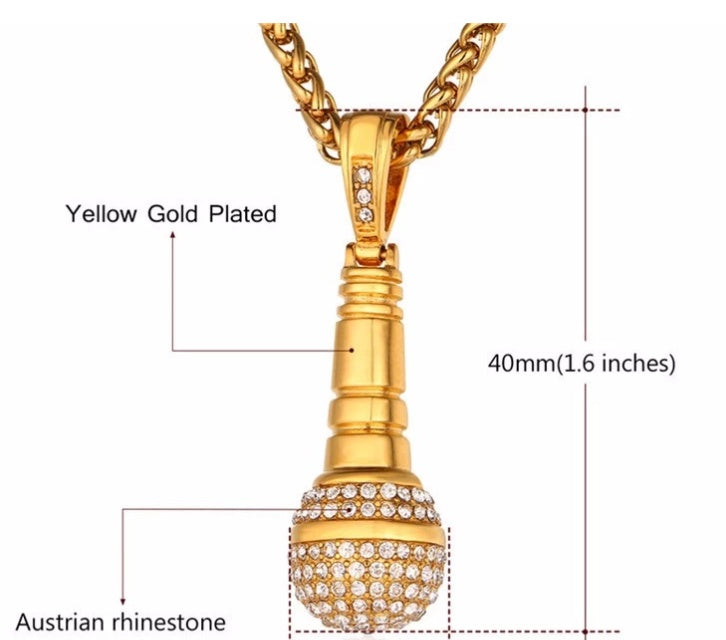 Microphone Pendant Iced Out Necklace – 18K Gold Plated Steel – view 3