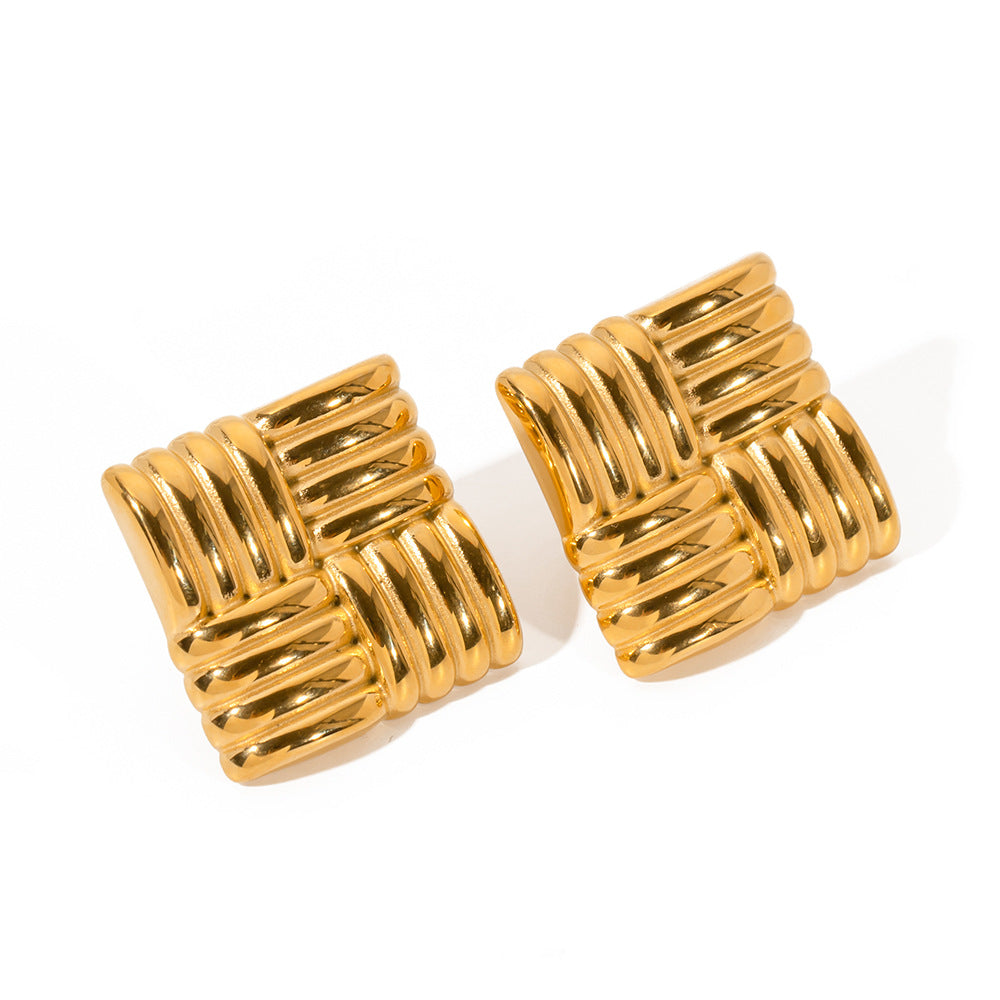 Fashion 18K Gold Stainless Steel Square Texture Stud Earrings – view 3