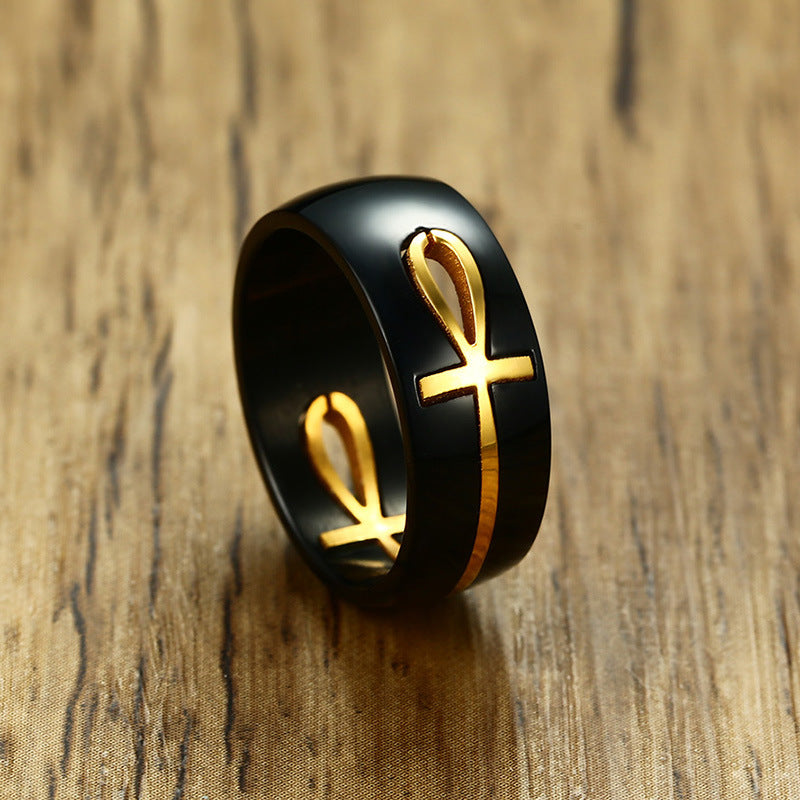 Ankh Egyptian Cross Ring – Black & Gold Stainless Steel – view 4