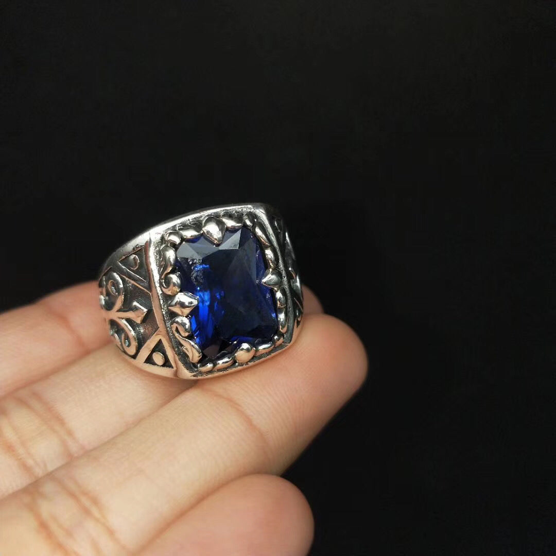 Ornate Blue Stone Statement Ring – 925 Silver, Gothic Style