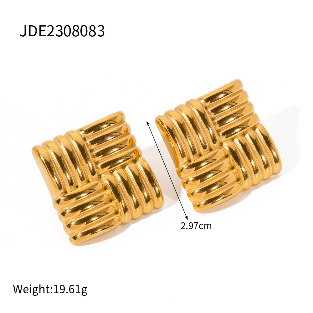 Fashion 18K Gold Stainless Steel Square Texture Stud Earrings – view 2