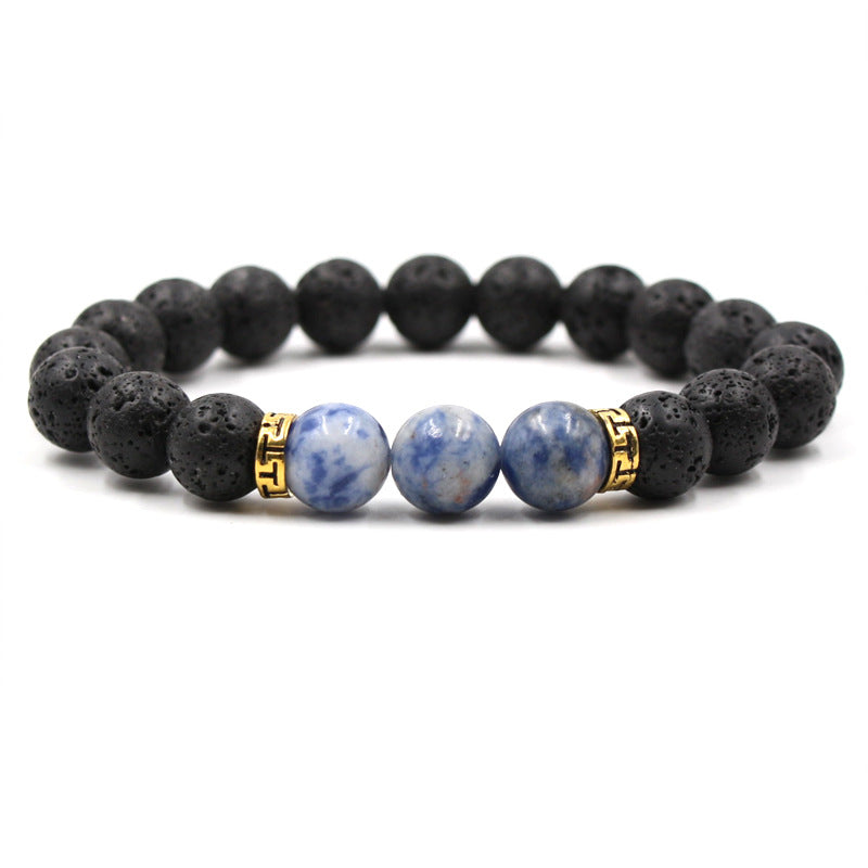 Lava Stone & Tiger Eye Elastic Bracelet – Gold Accents – view 3