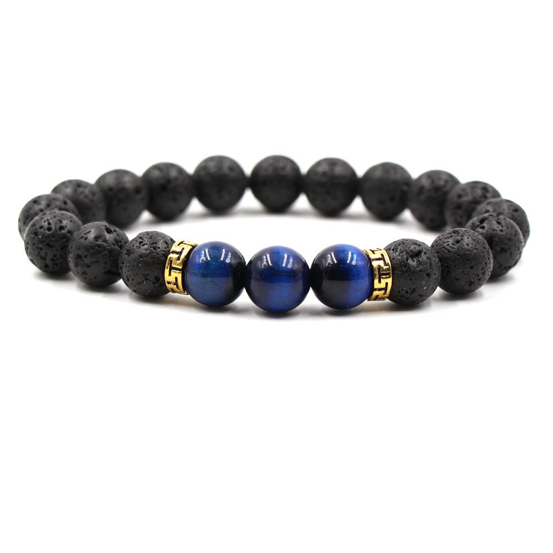 Lava Stone & Tiger Eye Elastic Bracelet – Gold Accents – view 2