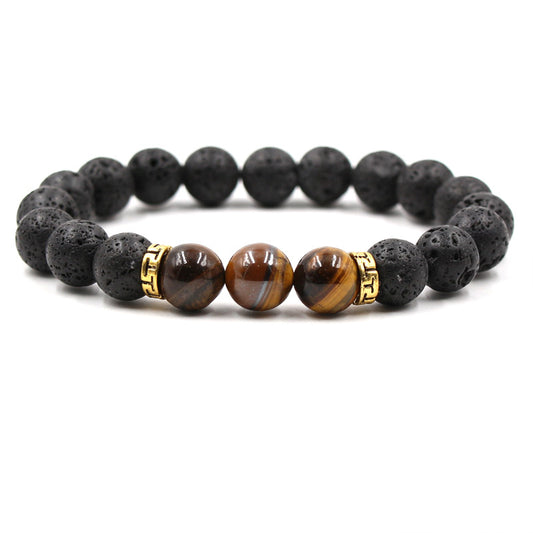 Lava Stone & Tiger Eye Elastic Bracelet – Gold Accents