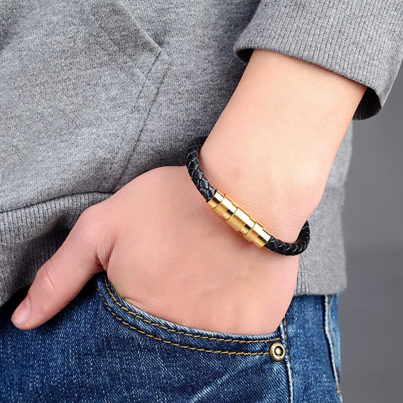 Gold Black Steel Color Rotating Titanium Steel Buckle Bracelet Leather Men – view 4