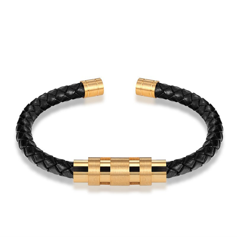 Gold Black Steel Color Rotating Titanium Steel Buckle Bracelet Leather Men – view 2