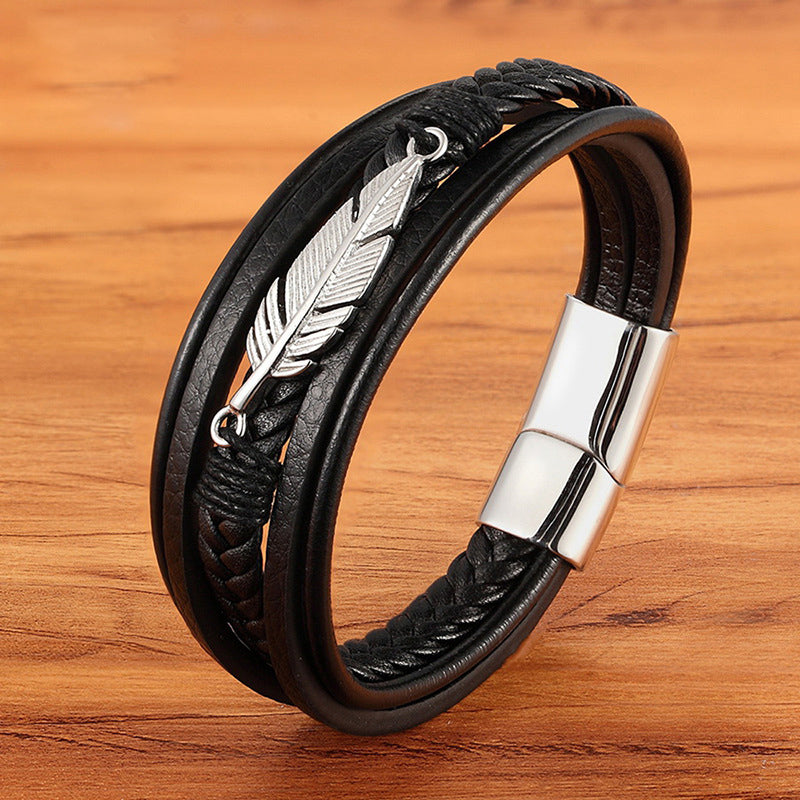 3-Layer Punk Leather Bracelet – Black & Gold, Genuine Leather – view 5