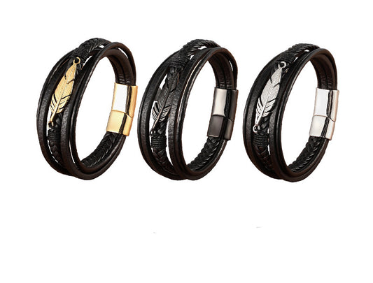 3-Layer Punk Leather Bracelet – Black & Gold, Genuine Leather