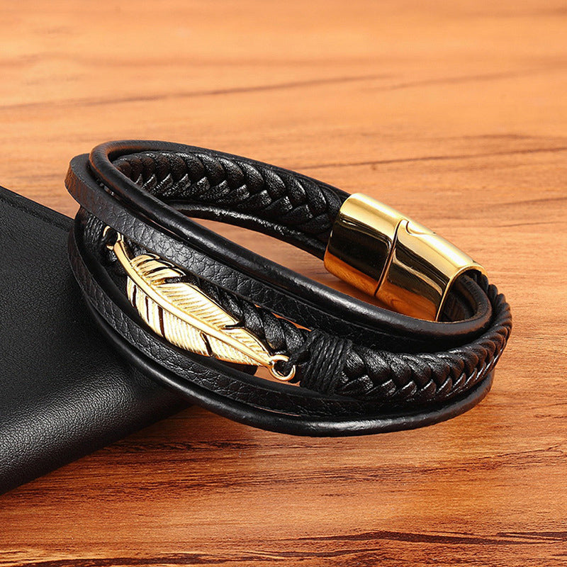 3-Layer Punk Leather Bracelet – Black & Gold, Genuine Leather – view 2