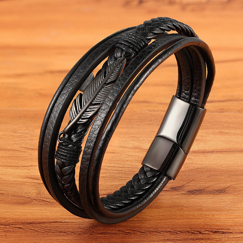 3-Layer Punk Leather Bracelet – Black & Gold, Genuine Leather – view 4