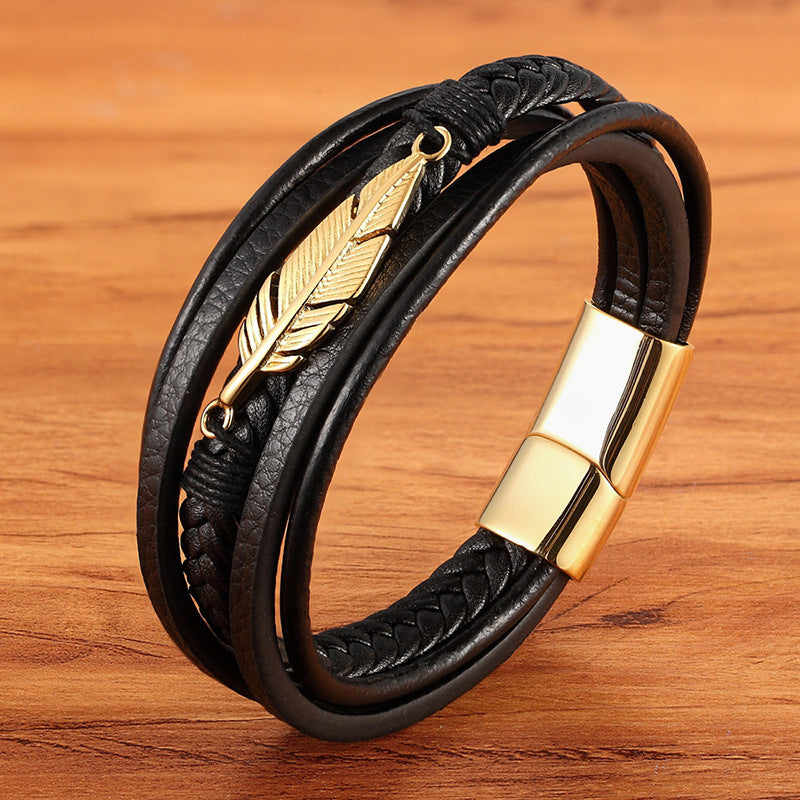 3-Layer Punk Leather Bracelet – Black & Gold, Genuine Leather – view 3