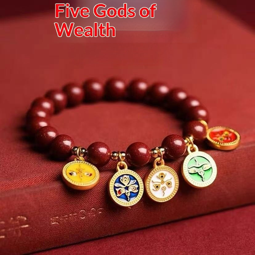 Cinnabar Five-Road Wealth God Plain-circle Bracelet With Crystals – view 5