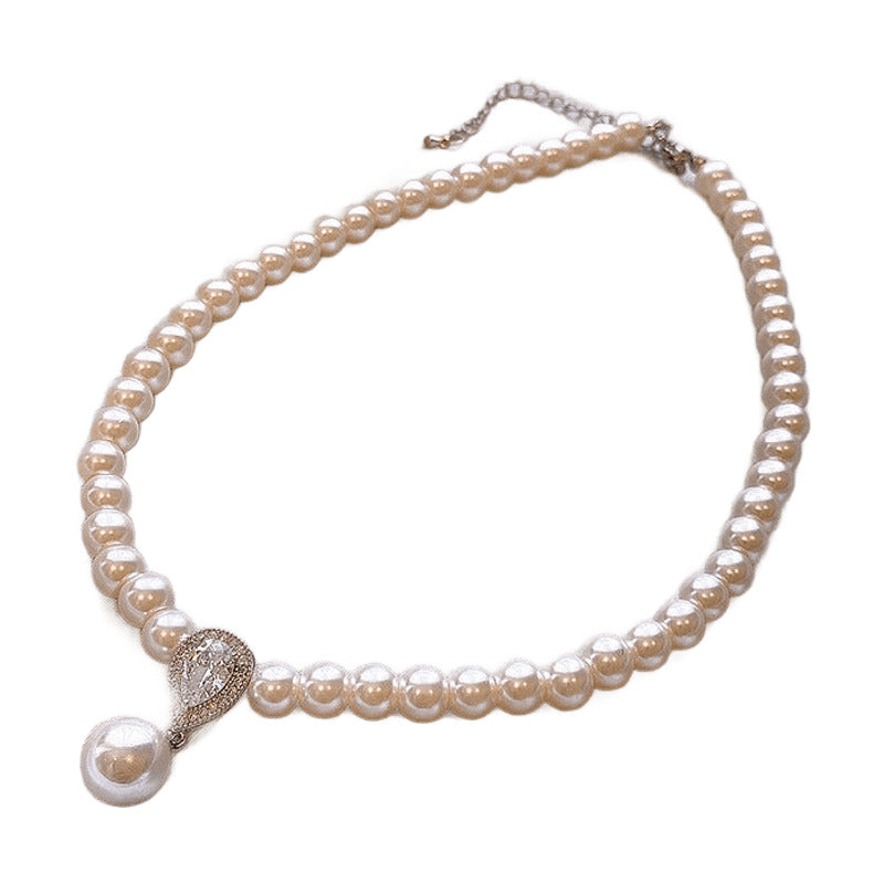 Imitation Pearl & Zircon Drop Necklace – White