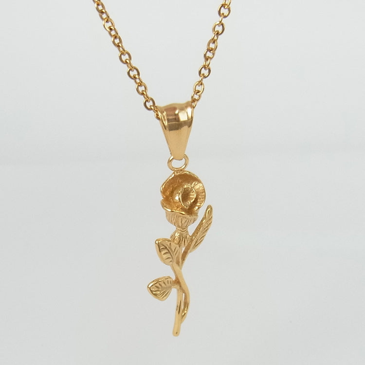 Gold Rose & Cross Pendant Necklace – Stainless Steel – view 2