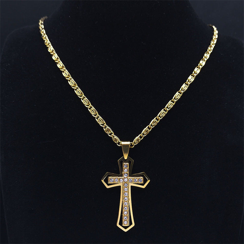 Crystal Pendant Men's Chain Necklace Gold Stainless Steel – view 9