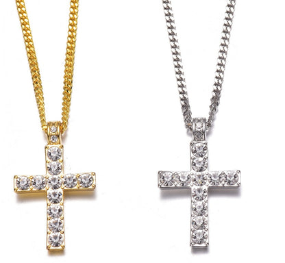 GOLD & SILVER CROSS PENDANT NECKLACE ICED OUT