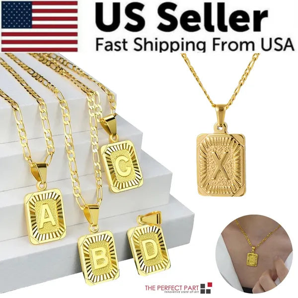 Gold Plated Initial Letter Pendant Necklace Stainless Steel Figaro Chain – view 2