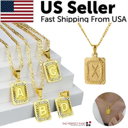 Gold Plated Initial Letter Pendant Necklace Stainless Steel Figaro Chain – view 2