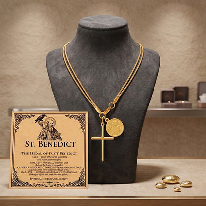 St Benedict Medal Cross Necklace – 18K Gold Plated Steel – view 4