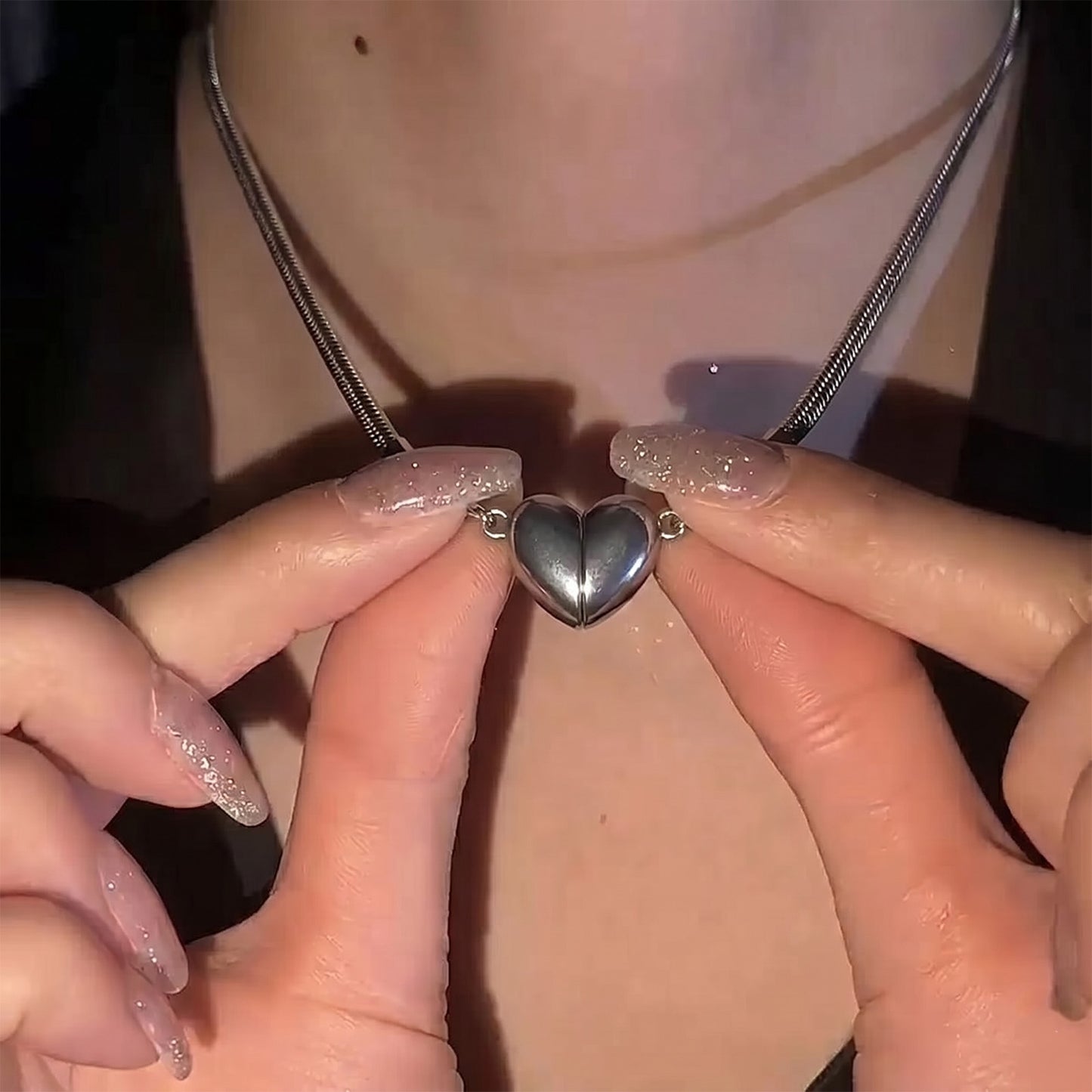 Magnetic Heart Couples Necklace Set – Stainless Steel – view 3