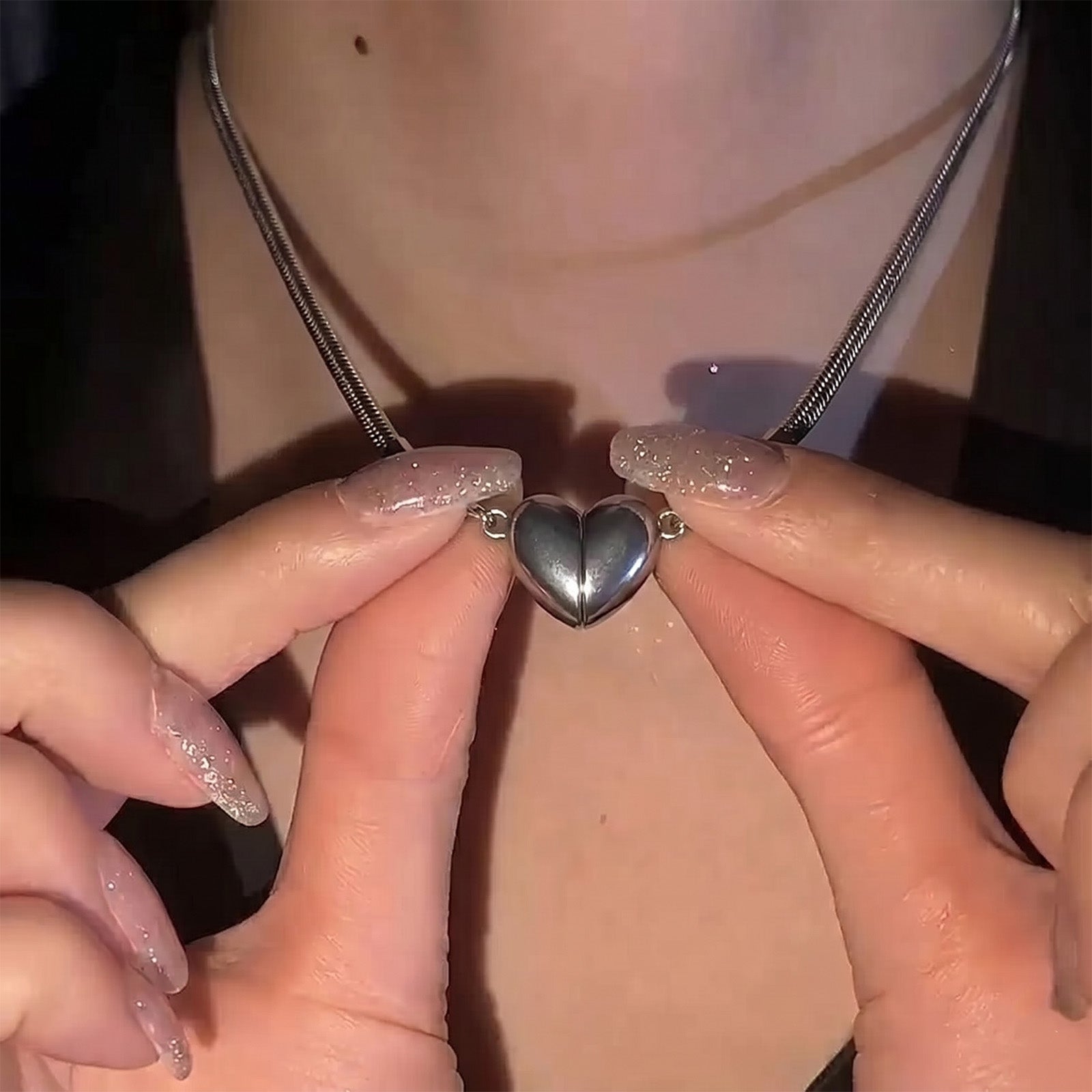 Magnetic Heart Couples Necklace Set – Stainless Steel – view 3